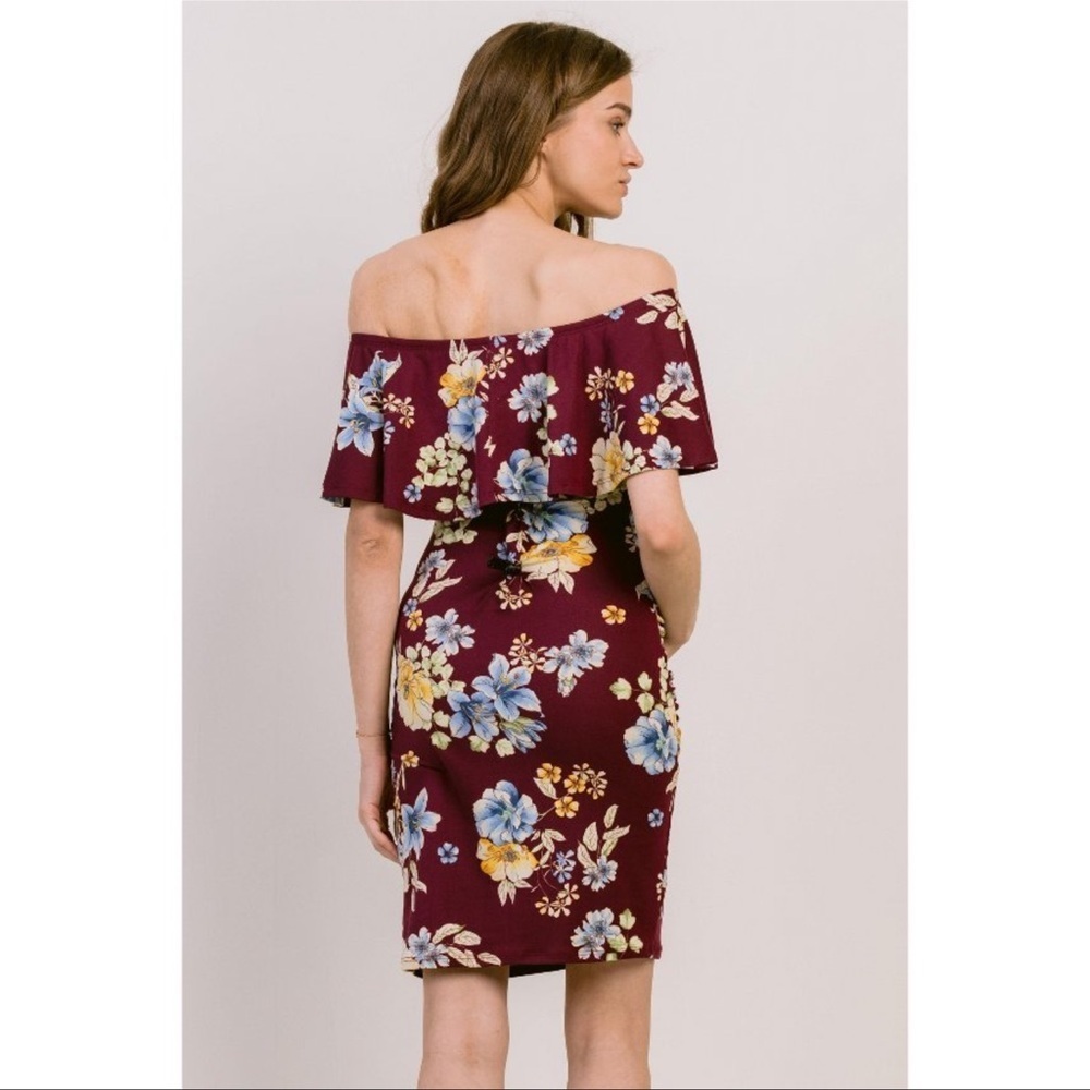 Hello Miz Burgundy Floral Off The Shoulder Ruffle Maternity Dress Small - Picture 3 of 9